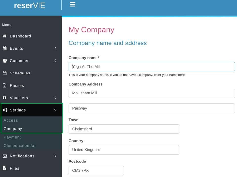 Step 2: reservie settings menu showing company settings navigation