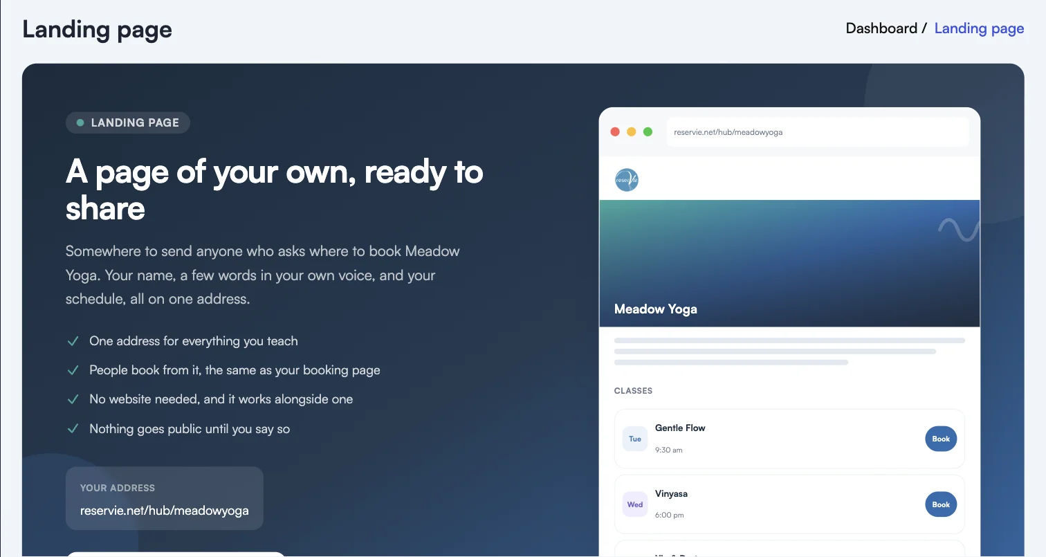 The Landing page screen in reservie before you begin, showing the address your page will use