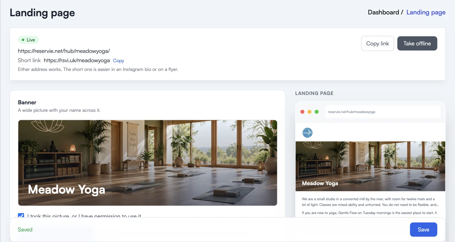 A published landing page showing the live badge, both addresses and the take offline button