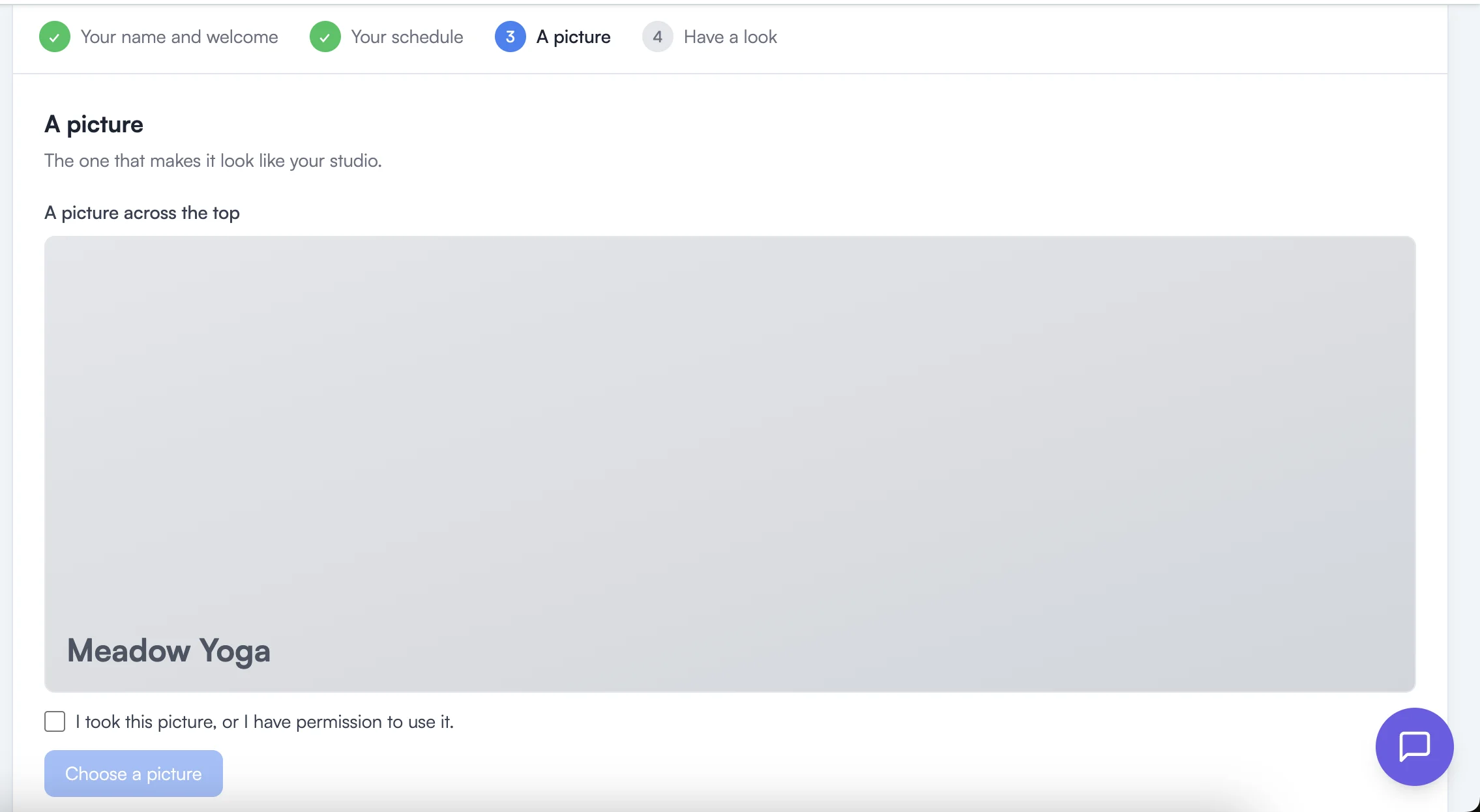 The picture step before the permission box is ticked, with the upload button unavailable