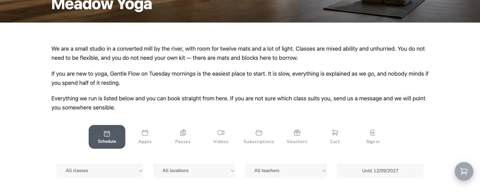 The published landing page, showing the banner, the welcome and the booking area