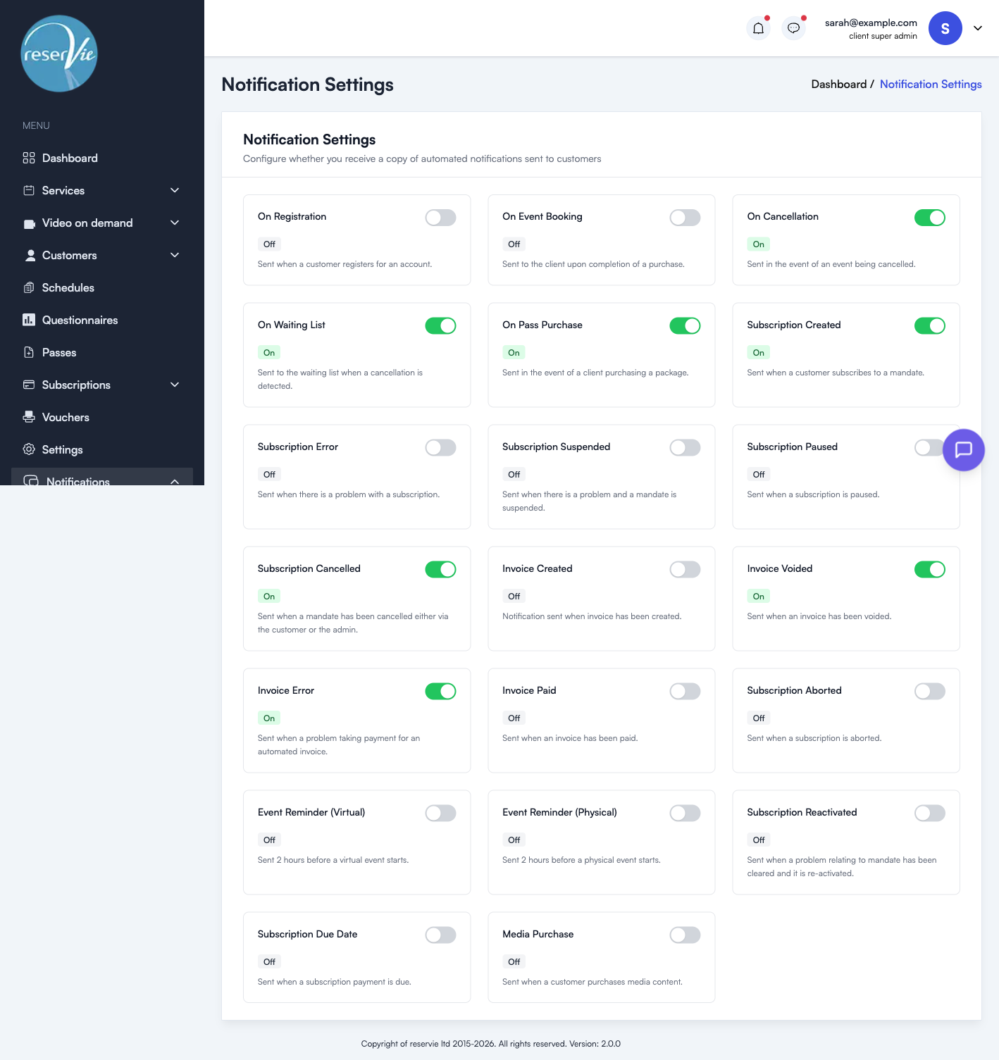 Copy settings page showing toggle switches for each notification type