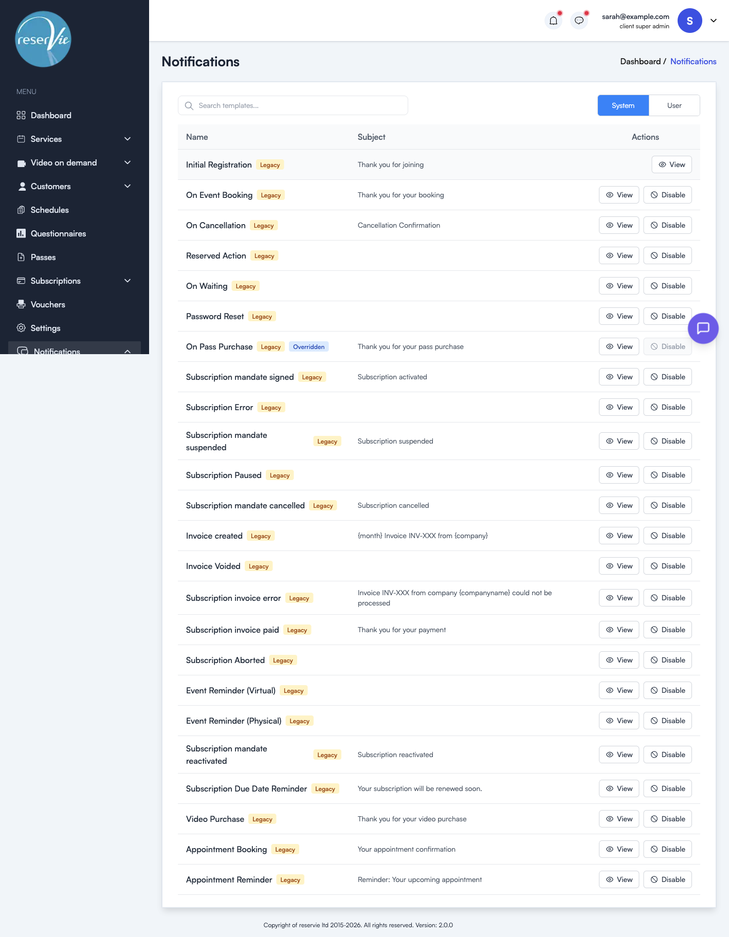 System templates list showing all built-in notification templates