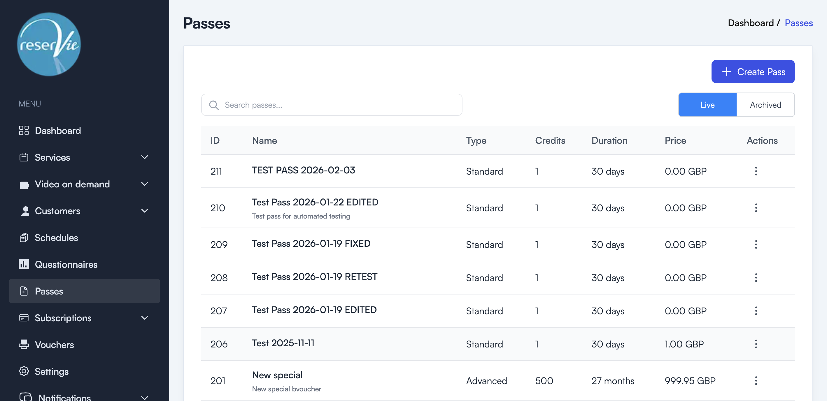 Passes page showing a list of passes with Live and Archived tabs
