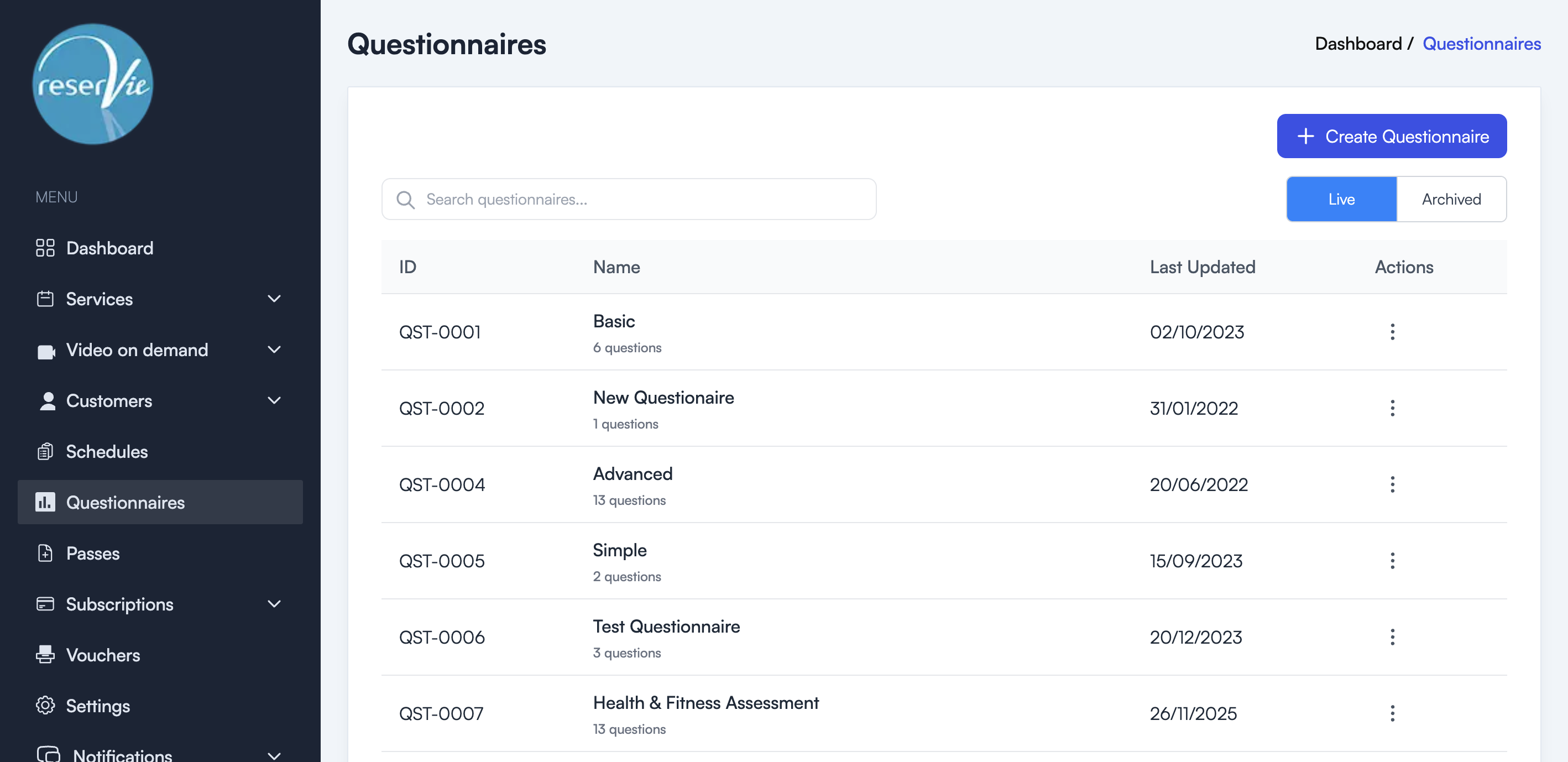 Questionnaires page showing a list of questionnaires with ID, Name, question count, and Last Updated