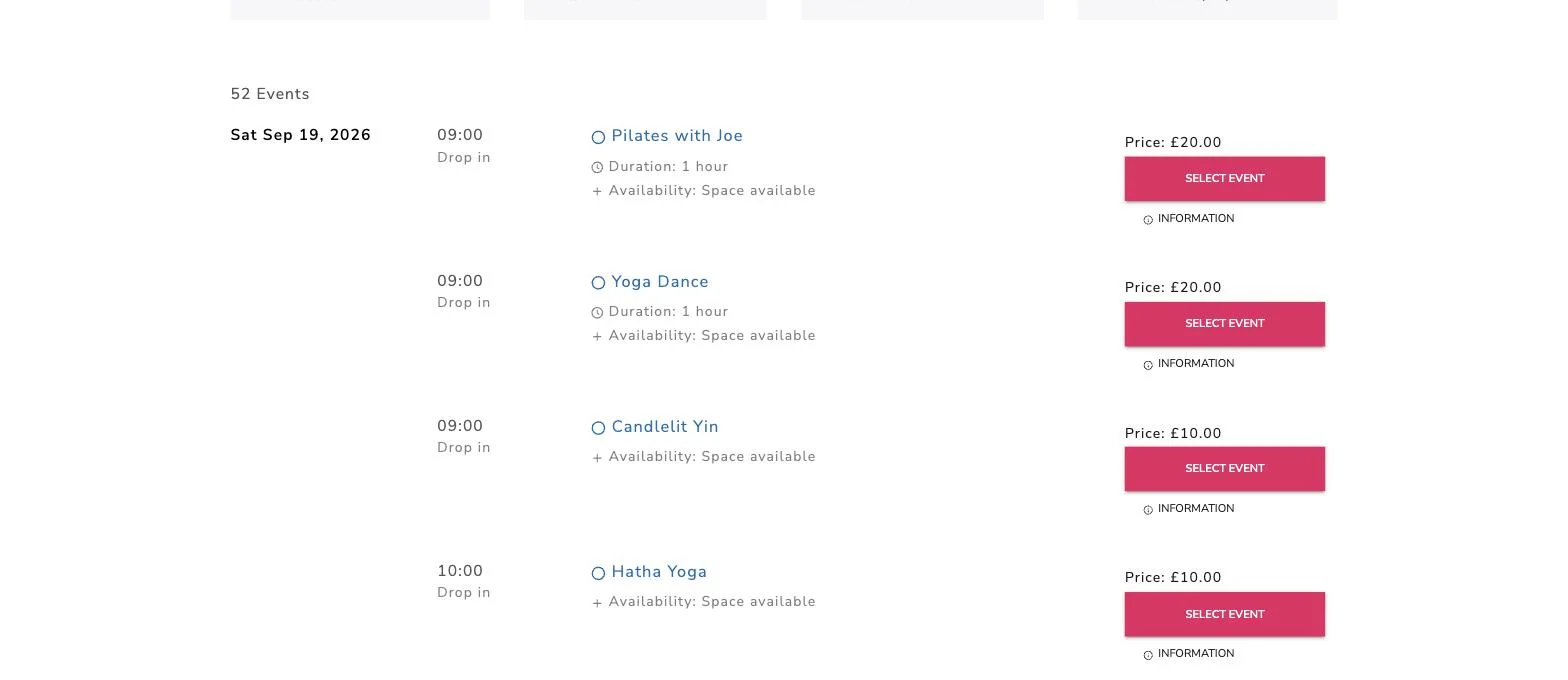 A schedule using the Columns Look, with the date down the left and one row per class