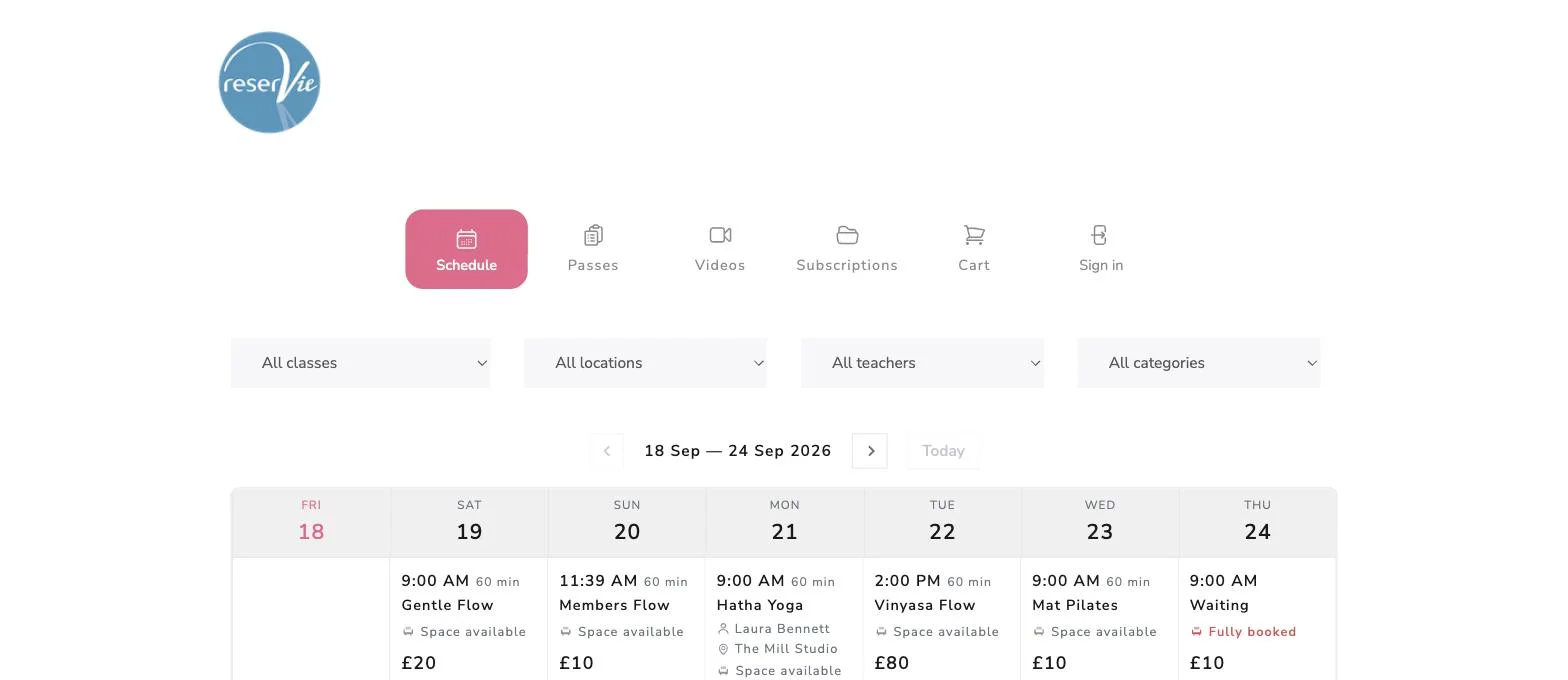 A schedule using the Diary Look, a seven-column week with classes stacked under each day