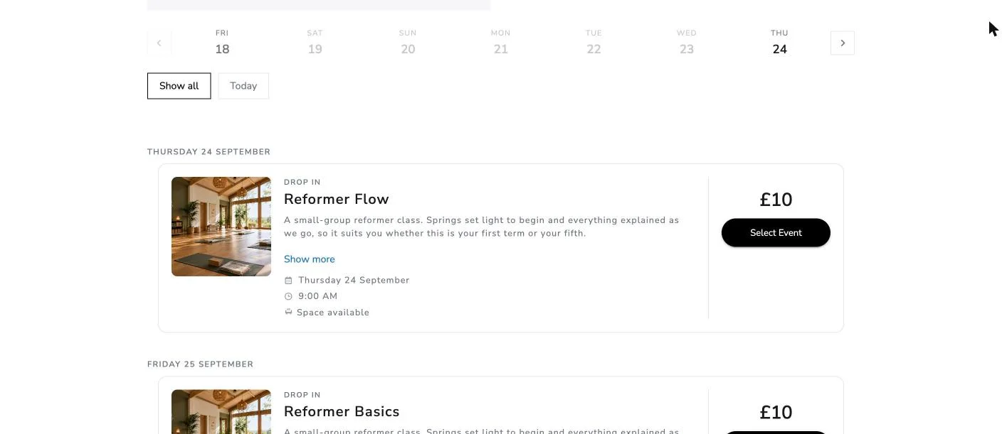 A schedule using the Gallery Look, with a picture and description beside each class