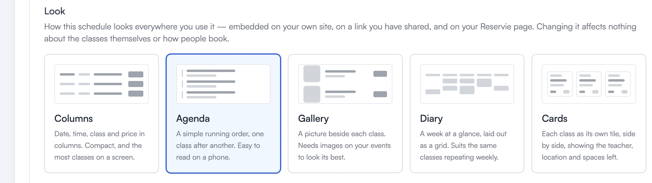 The Look picker in the schedule editor, with five tiles and the current one highlighted