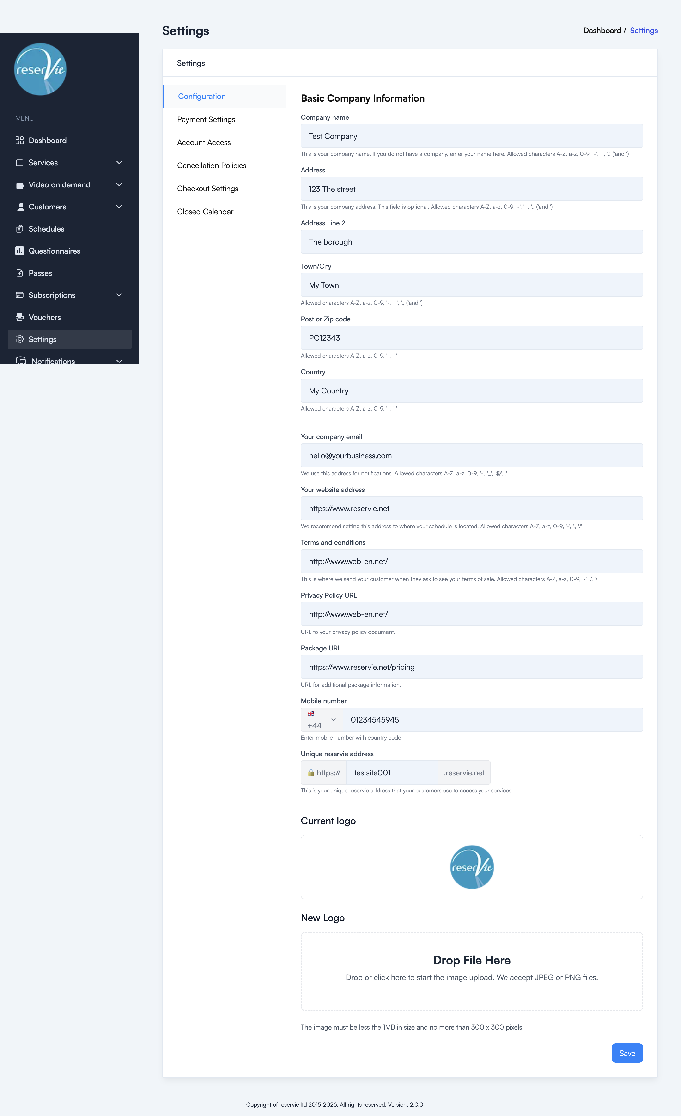 Configuration settings page showing company information fields