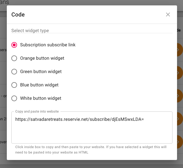 Step 2: reservie subscription code popup with link and button widgets