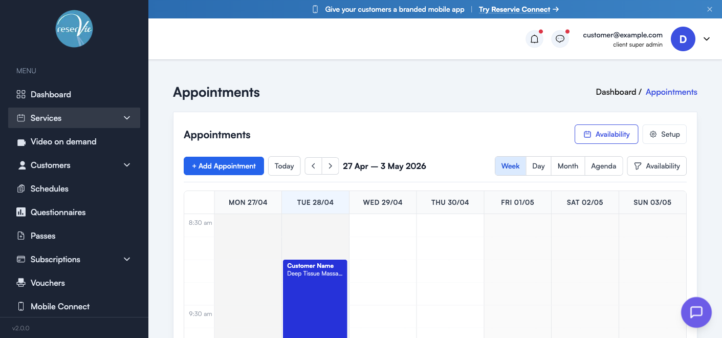 Reservie appointments calendar in week view showing a booked 1:1 deep tissue massage session
