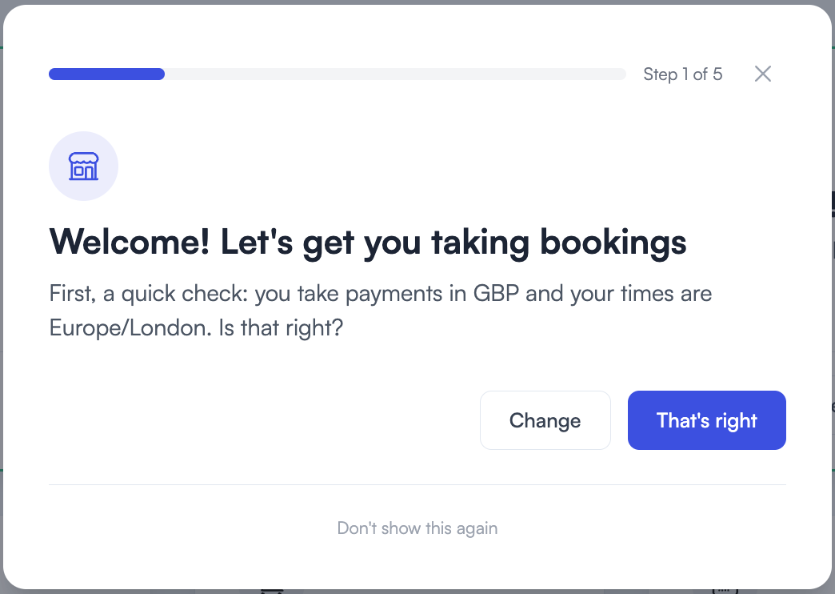 Step 1 of the setup wizard asking whether payments are in GBP and times are Europe/London