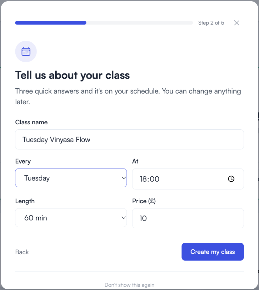 Step 2: the class form with name, day, time, length and price