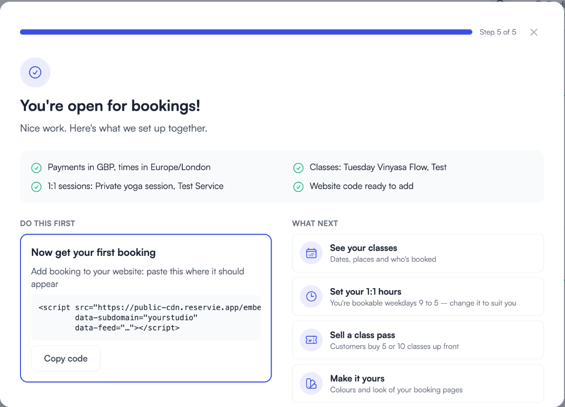 Step 5: You're open for bookings, with the code to copy and what to do next