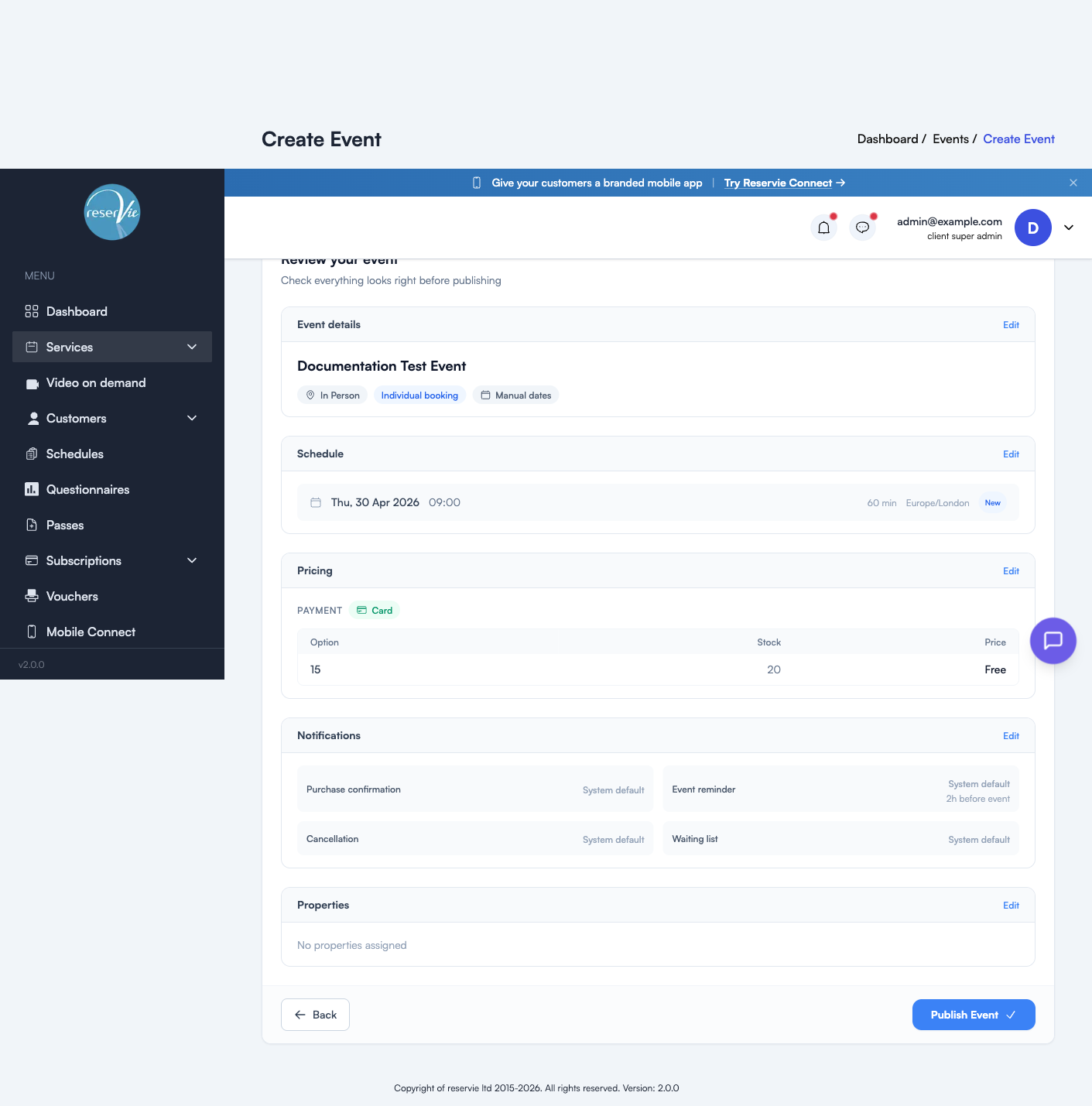 The event editor's review step with the Publish Event button