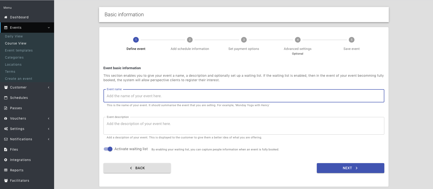 reservie event creation wizard showing basic event information form