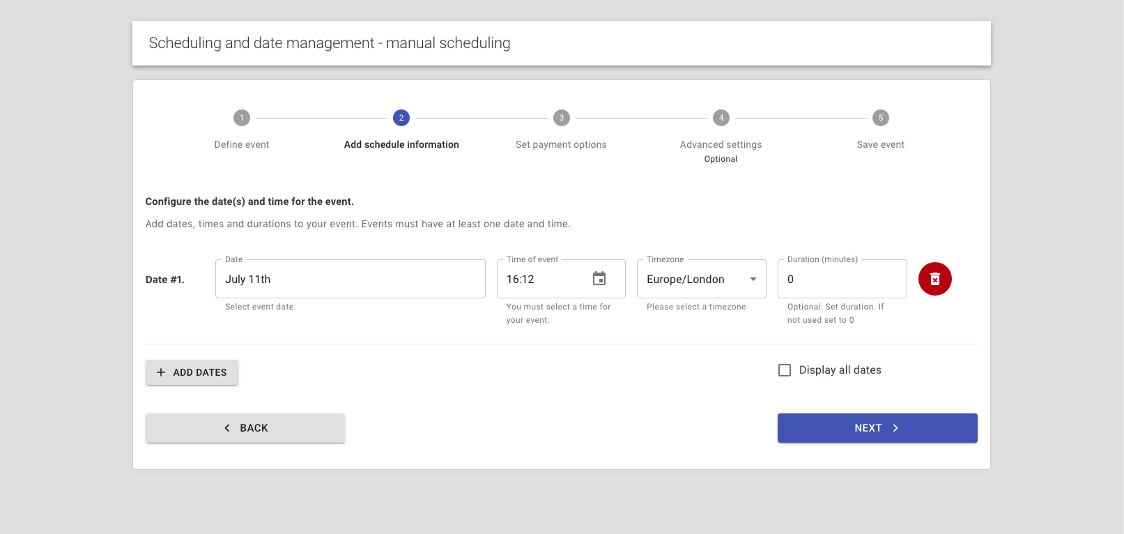 reservie scheduling view with add dates button to add more event dates