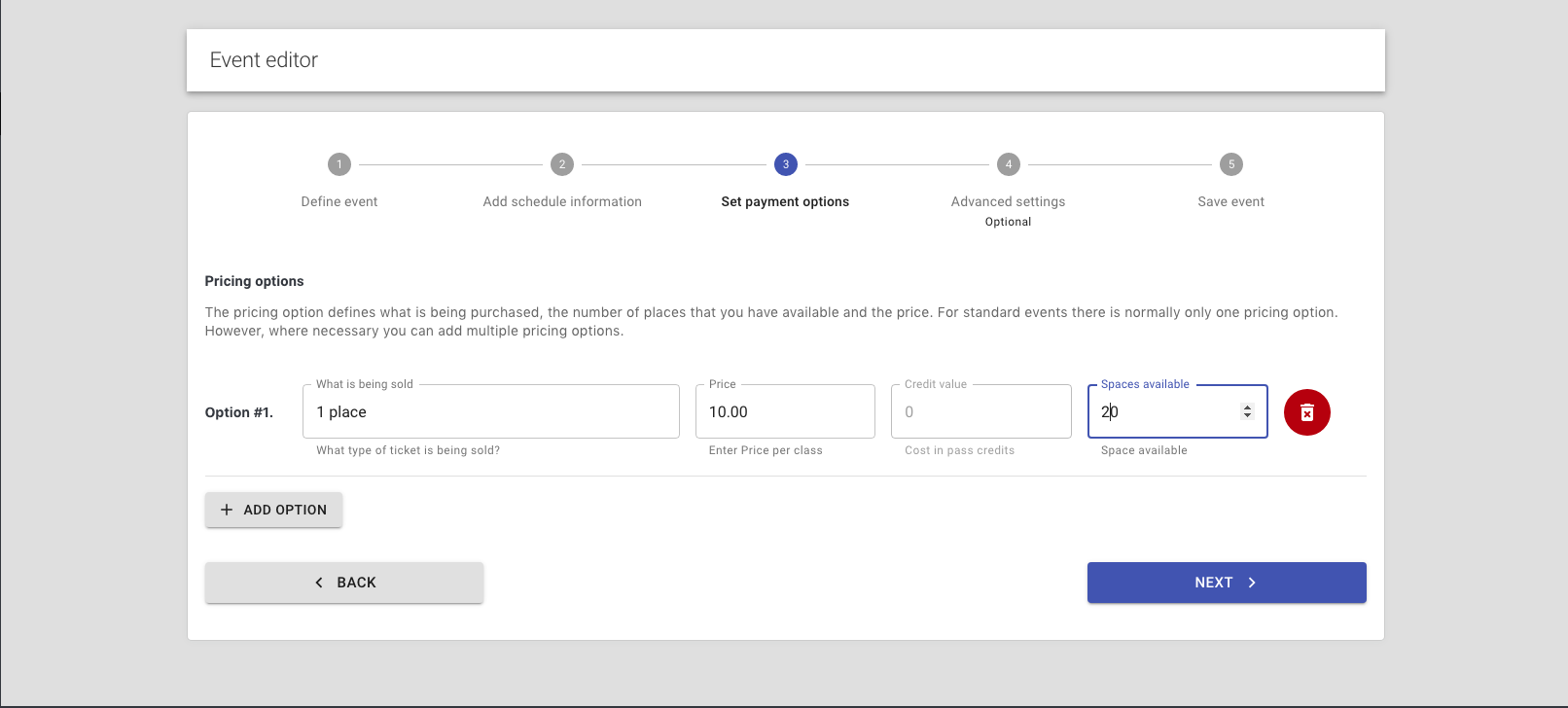 Step 11a: reservie pricing option form with name, price, and spaces fields