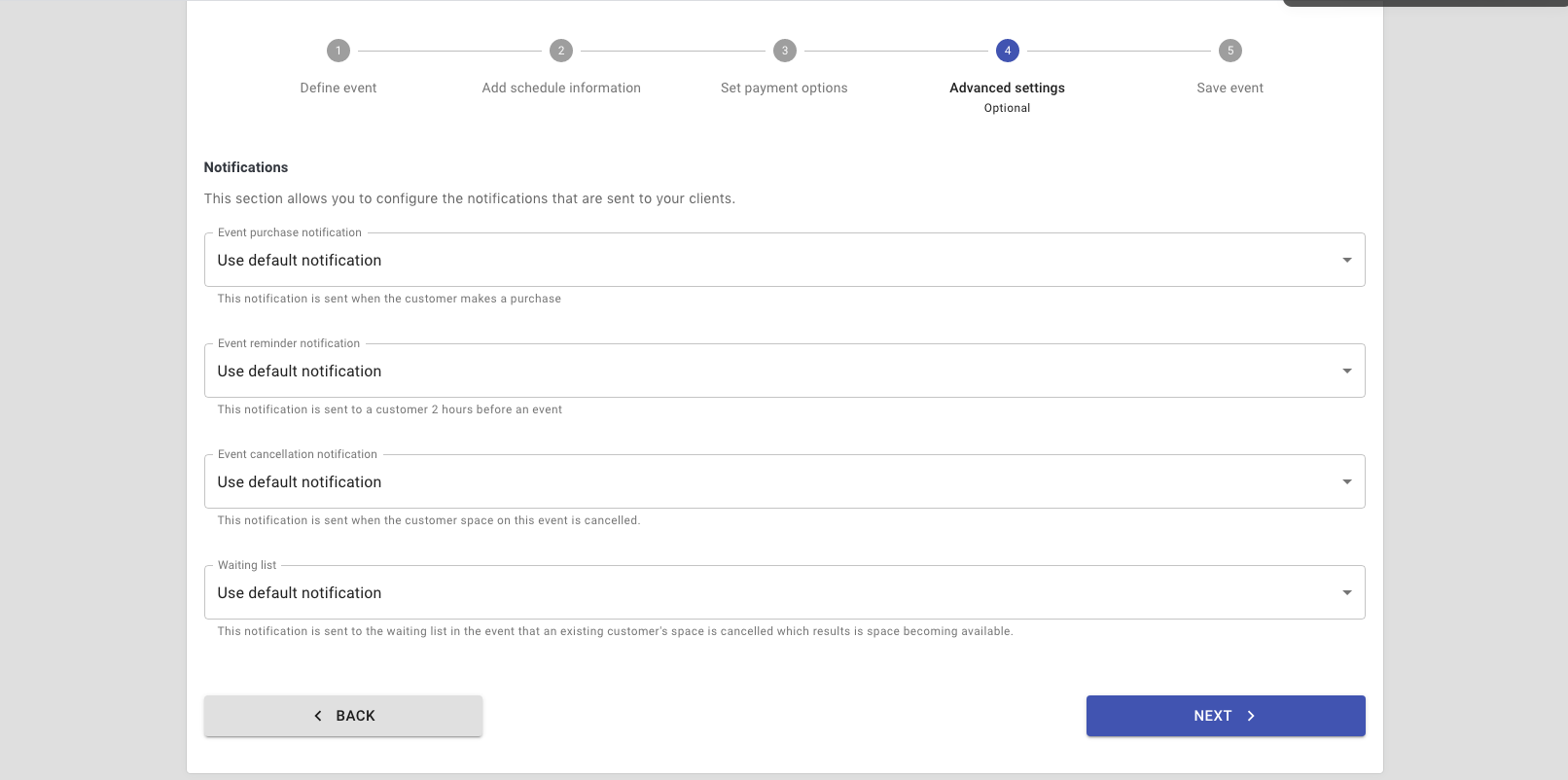 Step 12: reservie notification configuration for purchase, reminder, and cancellation